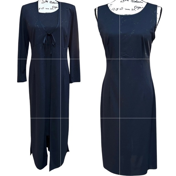 PIQRO Fashion Dresses & Skirts - Elegant Dark Blue Shimmering Silver Thread Dress & Cardigan Set